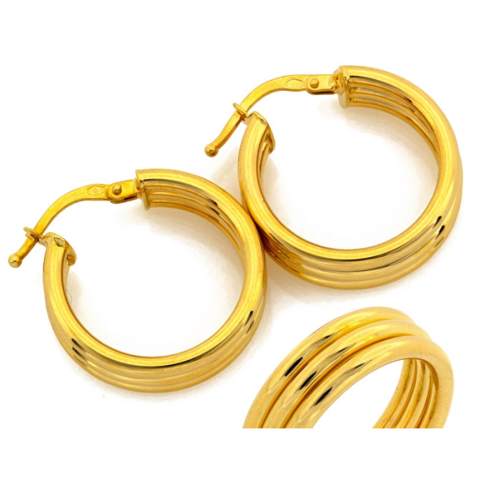 Modne złote kolczyki 585 potrójne koła średnica 21mm błyszczące 14k Modne złote kolczyki 585 potrójne koła średnica 21mm błyszczące 14k