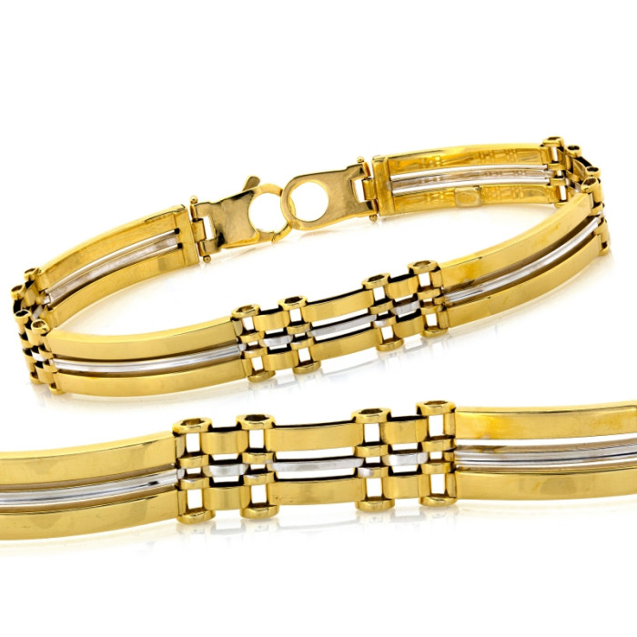 Elegancka złota bransoleta 585 męska dwukolorowa ze sztywnych elementów 14k Elegancka złota bransoleta 585 męska dwukolorowa ze sztywnych elementów 14k