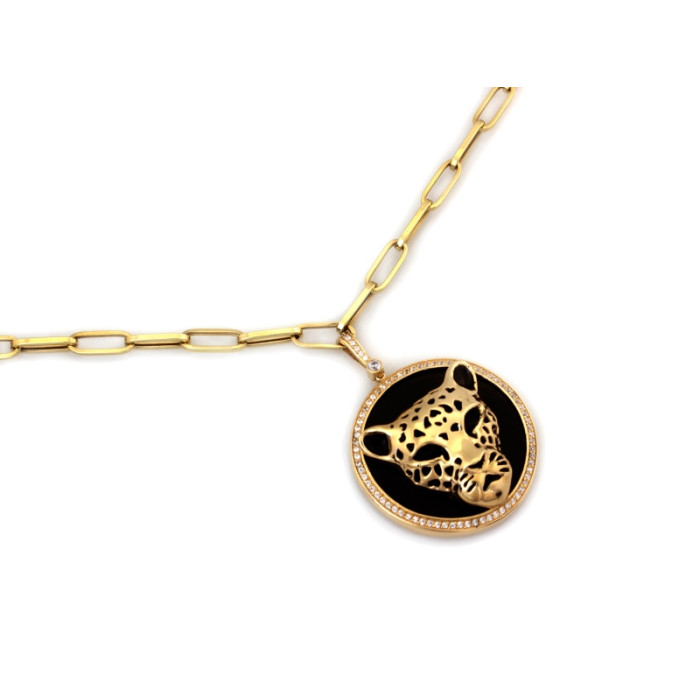 Elegancki złoty naszyjnik 585 z masywnych ogniw i czarnym wisiorem pantery 14k Elegancki złoty naszyjnik 585 z masywnych ogniw i czarnym wisiorem pantery 14k