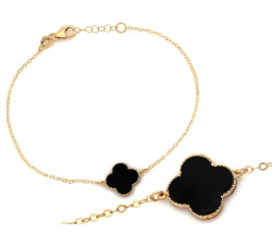 Delikatna złota bransoletka 585 z onyksem i kwiatowym motywem 19-20cm 14k