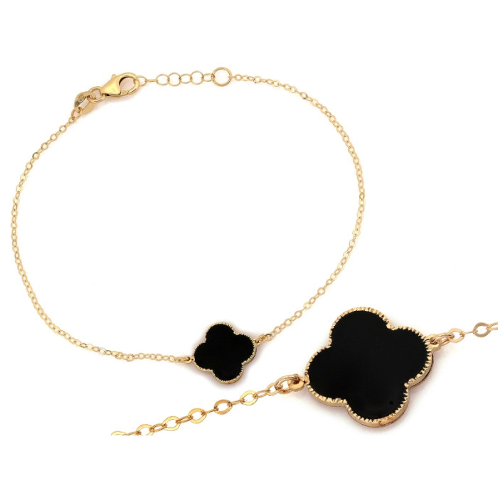 Delikatna złota bransoletka 585 z onyksem i kwiatowym motywem 19-20cm 14k Delikatna złota bransoletka 585 z onyksem i kwiatowym motywem 19-20cm 14k