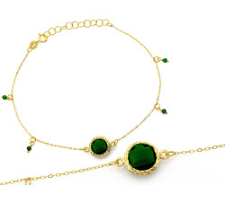 Złota bransoletka 585 elegancka z zielonymi kamieniami i zawieszkami 20cm 14k