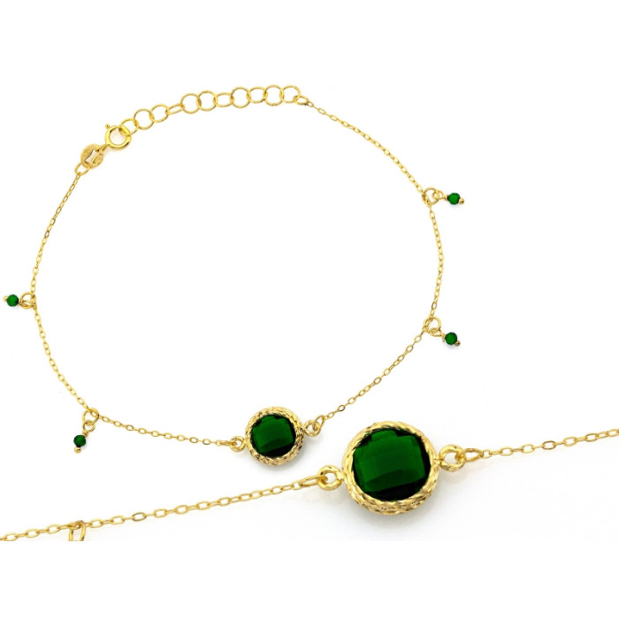 Złota bransoletka 585 elegancka z zielonymi kamieniami i zawieszkami 20cm 14k Złota bransoletka 585 elegancka z zielonymi kamieniami i zawieszkami 20cm 14k