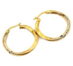 Efektowne złote kolczyki 585 skręcone koła z cyrkoniami średnica 27mm 14k