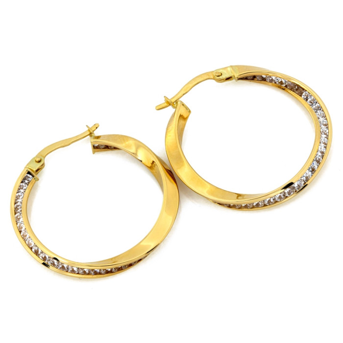 Efektowne złote kolczyki 585 skręcone koła z cyrkoniami średnica 27mm 14k Efektowne złote kolczyki 585 skręcone koła z cyrkoniami średnica 27mm 14k