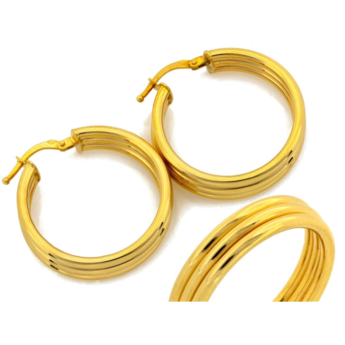 Modne złote kolczyki 585 potrójne koła geometryczne średnica 27mm 14k Modne złote kolczyki 585 potrójne koła geometryczne średnica 27mm 14k