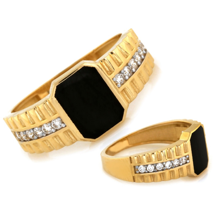 Elegancki złoty sygnet 585 z czarnym kamieniem i błyszczącymi cyrkoniami 14k Elegancki złoty sygnet 585 z czarnym kamieniem i błyszczącymi cyrkoniami 14k