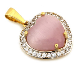 Elegancka złota zawieszka 585 serce z różowym kwarcem i cyrkoniami 14k