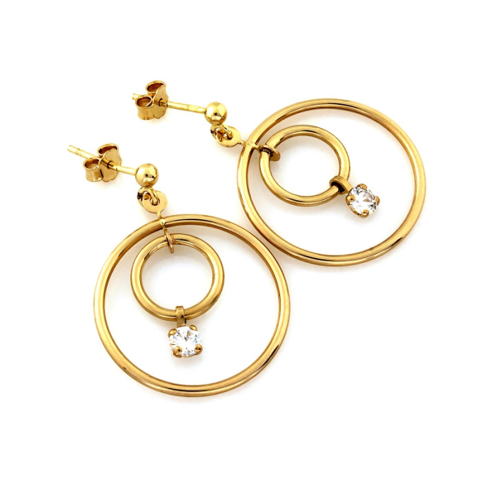 Złote kolczyki 585 wiszące z dwóch kół z cyrkonią eleganckie 14k Złote kolczyki 585 wiszące z dwóch kół z cyrkonią eleganckie 14k