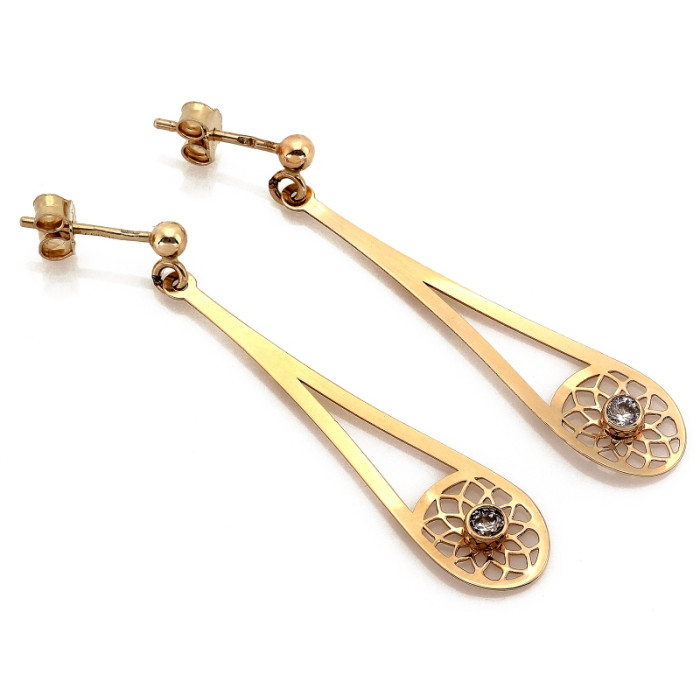 Złote kolczyki 585 długie sztywne z ażurem na sztyfcie eleganckie 14k Złote kolczyki 585 długie sztywne z ażurem na sztyfcie eleganckie 14k