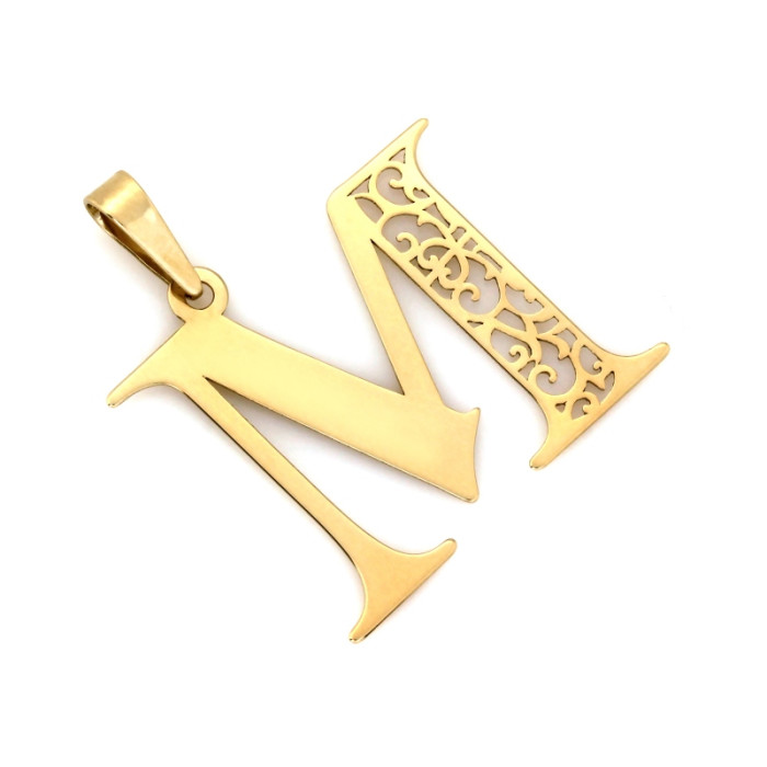 Stylowa złota zawieszka 585 z literką M i ażurowym zdobieniem 14k Stylowa złota zawieszka 585 z literką M i ażurowym zdobieniem 14k