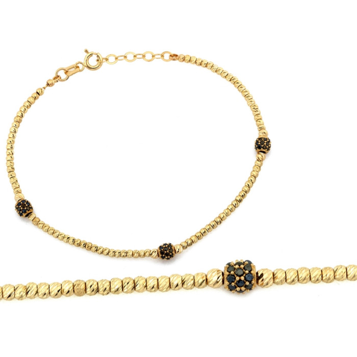 Elegancka złota bransoletka 585 z błyszczących kulek i czarnych cyrkonii 19cm 14k s Elegancka złota bransoletka 585 z błyszczących kulek i czarnych cyrkonii 19cm 14k s
