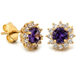 Złote kolczyki 585 elegancka markiza z fioletowym kamieniem na sztyfcie 14k