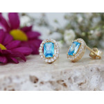 Eleganckie złote kolczyki 585 markiza z niebieskim oczkiem na sztyfcie 14k