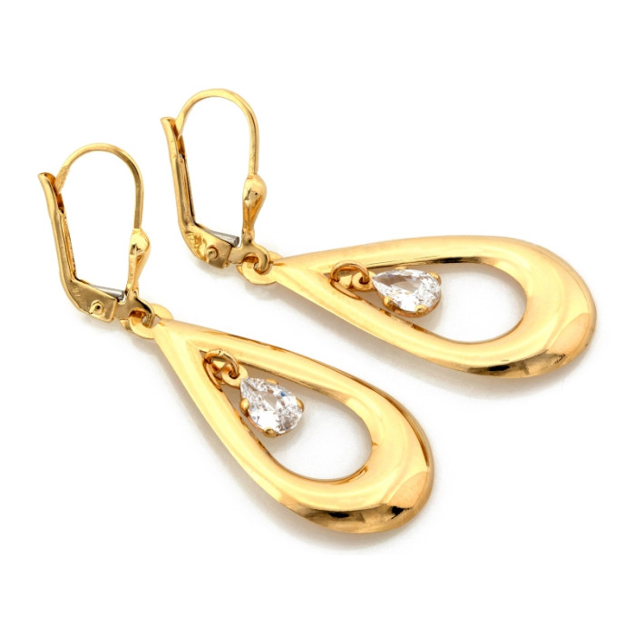 Eleganckie złote kolczyki 585 wiszące w kształcie kropli z błyszczącą cyrkonią 14k Eleganckie złote kolczyki 585 wiszące w kształcie kropli z błyszczącą cyrkonią 14k