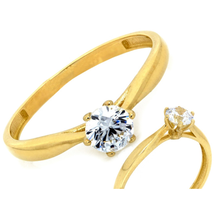 Elegancki złoty pierścionek 375 z błyszczącą cyrkonią zaręczynowy klasyczny design 9k Elegancki złoty pierścionek 375 z błyszczącą cyrkonią zaręczynowy klasyczny design 9k