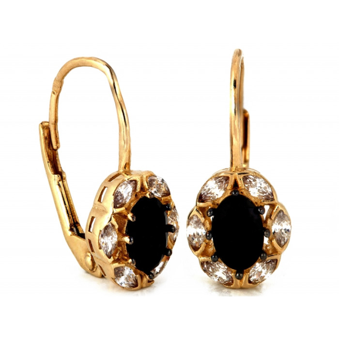 Eleganckie złote kolczyki 585 z onyksem i cyrkoniami angielskie 14k Eleganckie złote kolczyki 585 z onyksem i cyrkoniami angielskie 14k
