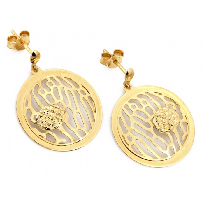 Ażurowe złote kolczyki 585 okrągłe wiszące na sztyfcie eleganckie 14k