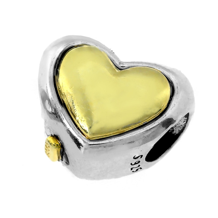 Elegancki srebrny charms 925 złocone serce przewlekane do bransoletki Elegancki srebrny charms 925 złocone serce przewlekane do bransoletki