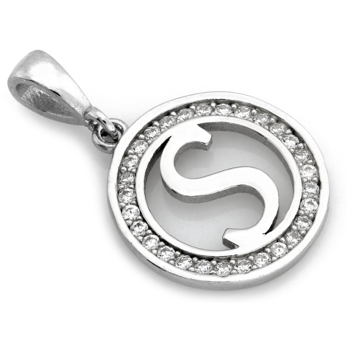 Elegancka srebrna zawieszka 925 z literą S w okrągłej oprawie z cyrkoniami Elegancka srebrna zawieszka 925 z literą S w okrągłej oprawie z cyrkoniami