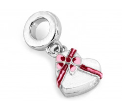 Romantyczna srebrna zawieszka 925 charms beads w kształcie serca z różową kokardką