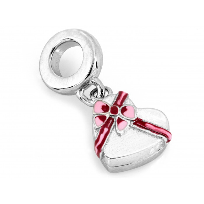 Romantyczna srebrna zawieszka 925 charms beads w kształcie serca z różową kokardką Romantyczna srebrna zawieszka 925 charms beads w kształcie serca z różową kokardką
