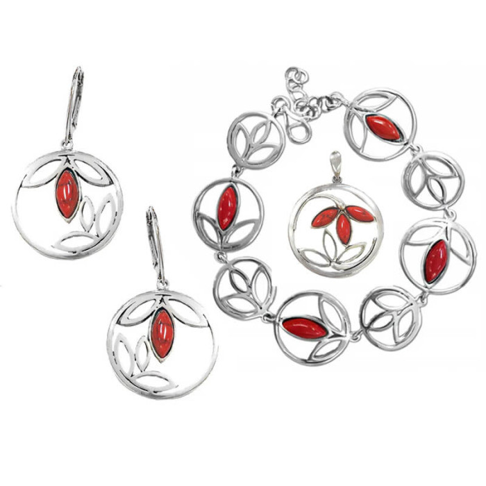 Elegancki komplet srebrnej biżuterii 925 kwiaty z czerwonymi kamieniami Elegancki komplet srebrnej biżuterii 925 kwiaty z czerwonymi kamieniami