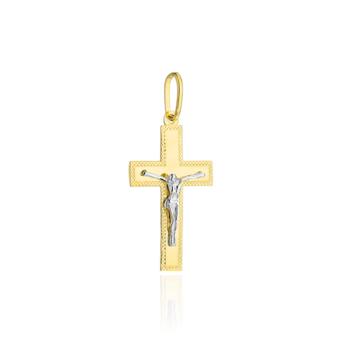 Krzyżyk złoty 585 14kt zdobiony diamentowaniem z Jezusem w dwóch kolorach złota Krzyżyk złoty 585 14kt zdobiony diamentowaniem z Jezusem w dwóch kolorach złota