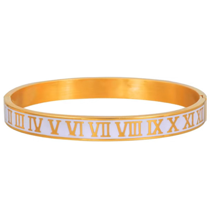 Elegancka bransoletka sztywna bangle z białą emalią i cyframi rzymskimi Elegancka bransoletka sztywna bangle z białą emalią i cyframi rzymskimi