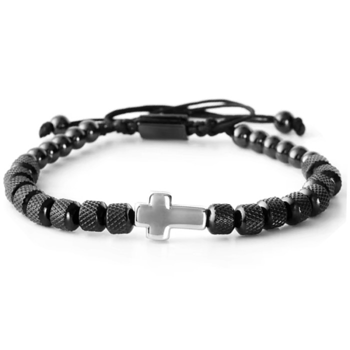 Bransoletka na czarnym sznurku z kuleczkami i krzyżykiem unisex Bransoletka na czarnym sznurku z kuleczkami i krzyżykiem unisex