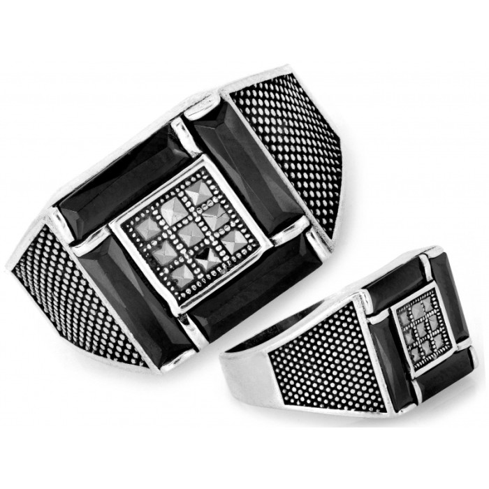 Srebrny sygnet 925 męski z czarnymi onyksami i markazytami nowoczesny design Srebrny sygnet 925 męski z czarnymi onyksami i markazytami nowoczesny design