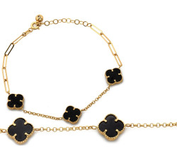 Elegancka złota bransoletka 585 z trzema czarnymi kwiatkami i kamieniami 14k