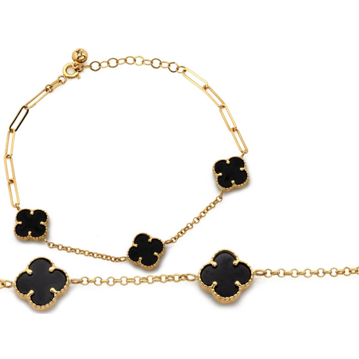 Elegancka złota bransoletka 585 z trzema czarnymi kwiatkami i kamieniami 14k Elegancka złota bransoletka 585 z trzema czarnymi kwiatkami i kamieniami 14k