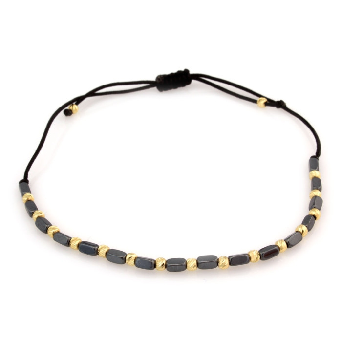 Elegancka złota bransoletka 585 z kulkami i grafitowymi kamieniami na czarnym sznurku 14k Elegancka złota bransoletka 585 z kulkami i grafitowymi kamieniami na czarnym sznurku 14k