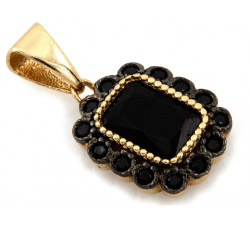 Elegancka złota zawieszka 585 prostokątna z czarnymi kamieniami 14k