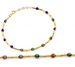 Złota bransoletka 585 z kolorowymi kulkami walcowate elementy długość 18cm 14k