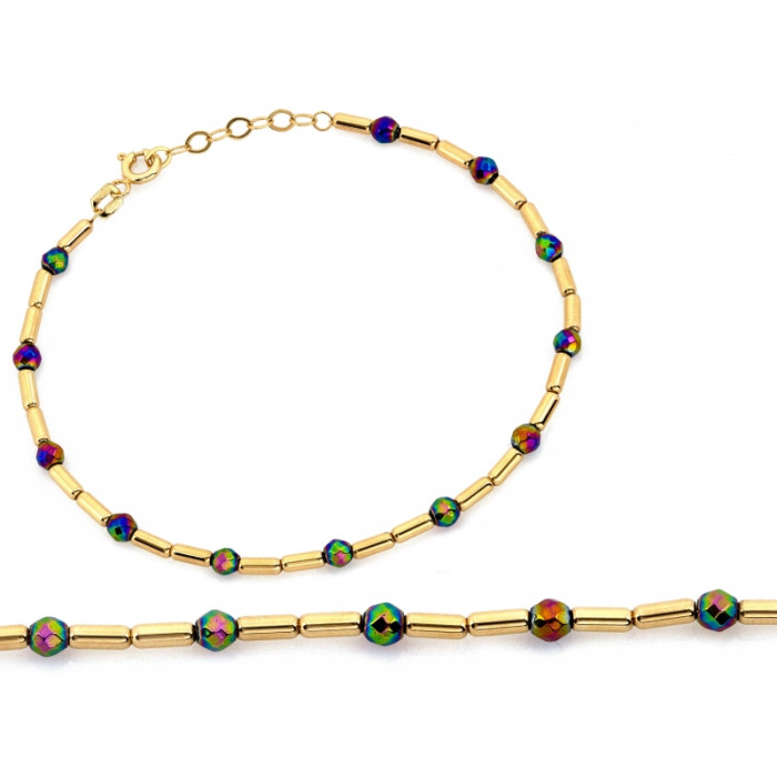 Złota bransoletka 585 z kolorowymi kulkami walcowate elementy długość 18cm 14k Złota bransoletka 585 z kolorowymi kulkami walcowate elementy długość 18cm 14k
