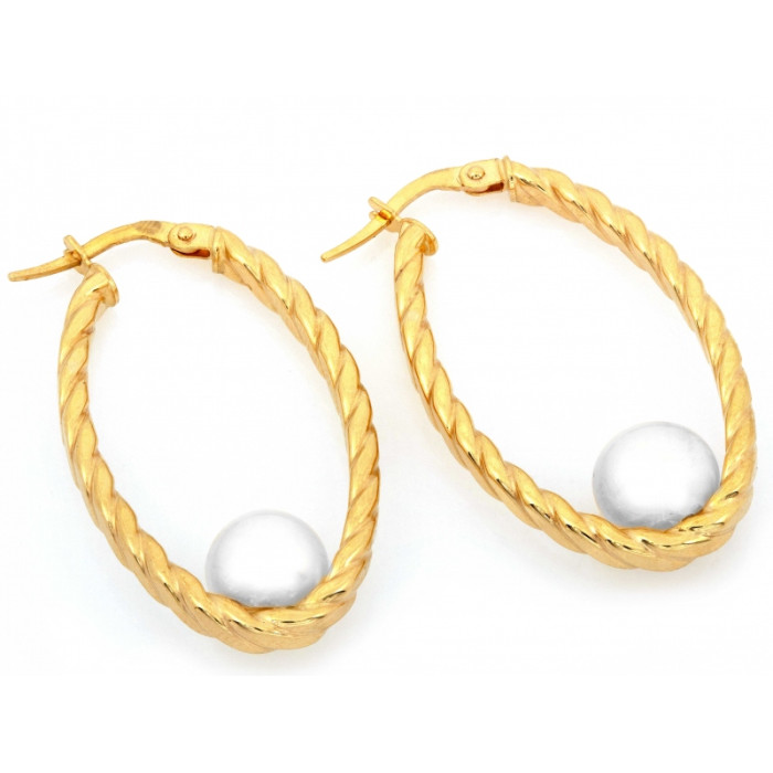 Złote kolczyki 585 owalne skręcone koła z perłą eleganckie klasyczne 14k Złote kolczyki 585 owalne skręcone koła z perłą eleganckie klasyczne 14k