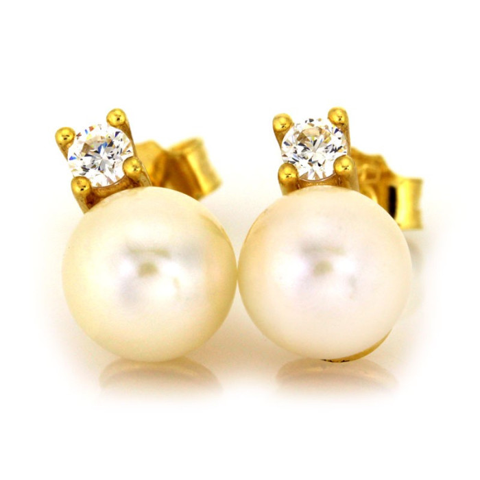 Eleganckie złote kolczyki 585 z naturalną perłą i cyrkonią na sztyfcie 14k Eleganckie złote kolczyki 585 z naturalną perłą i cyrkonią na sztyfcie 14k