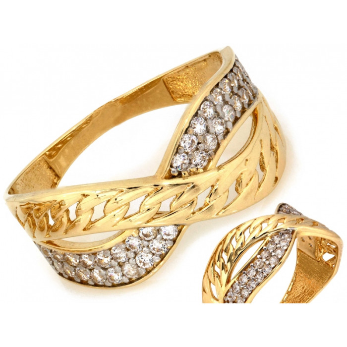 Elegancki złoty pierścionek 585 dwukolorowy przeplatany z cyrkoniami 14k Elegancki złoty pierścionek 585 dwukolorowy przeplatany z cyrkoniami 14k