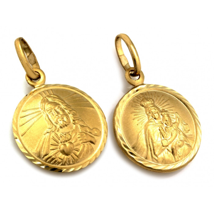 Elegancki dwustronny złoty medalik 585 szkaplerz zdobiony żółtym złotem 14k Elegancki dwustronny złoty medalik 585 szkaplerz zdobiony żółtym złotem 14k