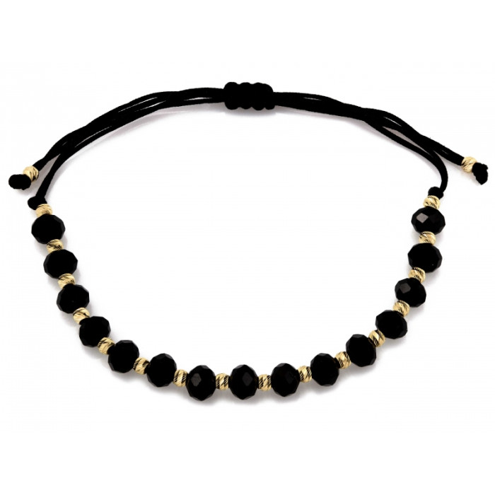 Elegancka złota bransoletka 585 z czarnymi kamieniami na czarnym sznurku 14k Elegancka złota bransoletka 585 z czarnymi kamieniami na czarnym sznurku 14k