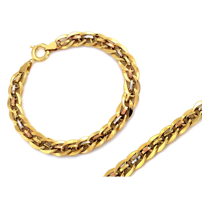 Elegancka złota bransoletka 585 przeplatana trójkolorowa z białym i różowym złotem 14k Elegancka złota bransoletka 585 przeplatana trójkolorowa z białym i różowym złotem 14k