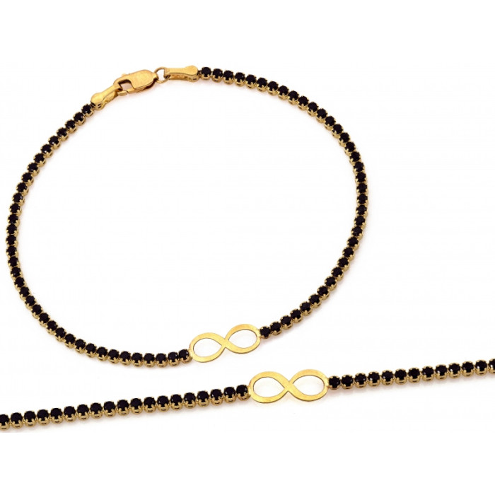 Modna złota bransoletka 585 tenis z czarnymi cyrkoniami i nieskończonością 18cm 14k Modna złota bransoletka 585 tenis z czarnymi cyrkoniami i nieskończonością 18cm 14k