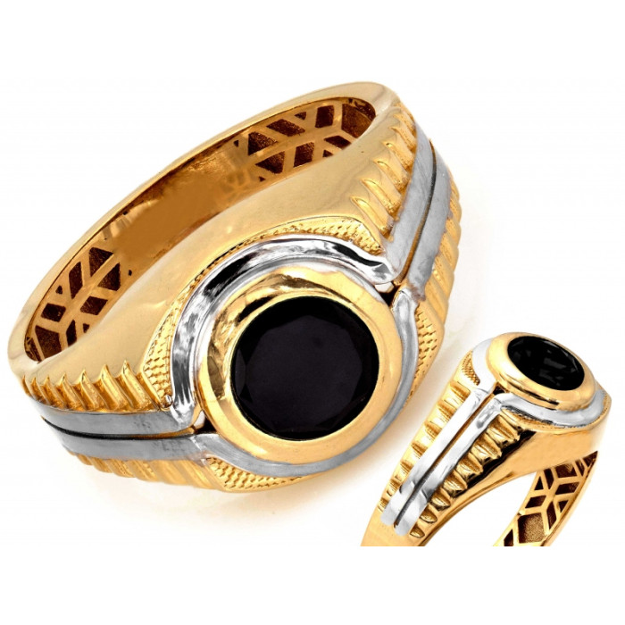 Elegancki złoty sygnet 585 z czarnym okrągłym onyksem w łączonym złocie 14k Elegancki złoty sygnet 585 z czarnym okrągłym onyksem w łączonym złocie 14k