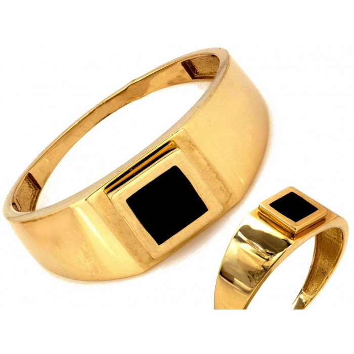 Nowoczesny złoty sygnet 585 unisex z czarną emalią i gładkim wykończeniem 14k Nowoczesny złoty sygnet 585 unisex z czarną emalią i gładkim wykończeniem 14k