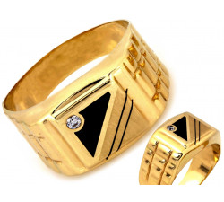 Ekskluzywny złoty sygnet 585 z czarną emalią i cyrkonią uniwersalny 26mm 14k s