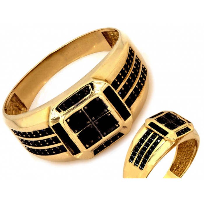 Elegancki złoty sygnet 585 zdobiony czarnymi kamieniami szlachetnymi 14k Elegancki złoty sygnet 585 zdobiony czarnymi kamieniami szlachetnymi 14k