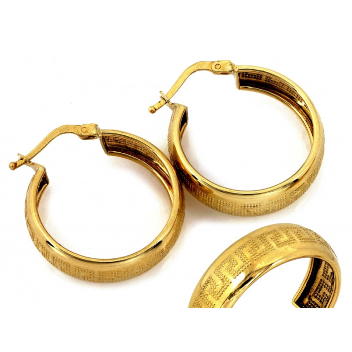 Okazałe złote kolczyki 585 w formie szerokich kół z greckim wzorem 28mm 14k Okazałe złote kolczyki 585 w formie szerokich kół z greckim wzorem 28mm 14k