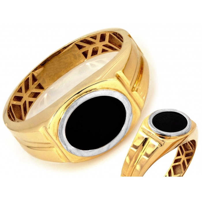 Dwukolorowy złoty pierścionek 585 z owalnym czarnym syntetykiem elegancki 14k Dwukolorowy złoty pierścionek 585 z owalnym czarnym syntetykiem elegancki 14k
